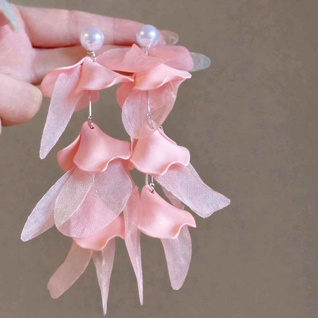 Blush Petal Cascade Earrings – Pearl Drop Statement Earrings