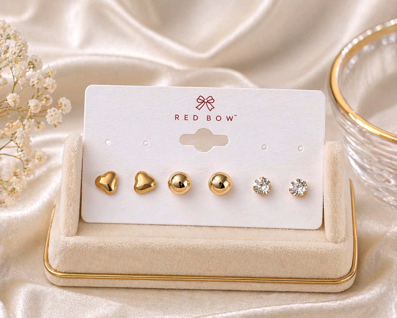 Heart, Ball & Crystal Stud Set