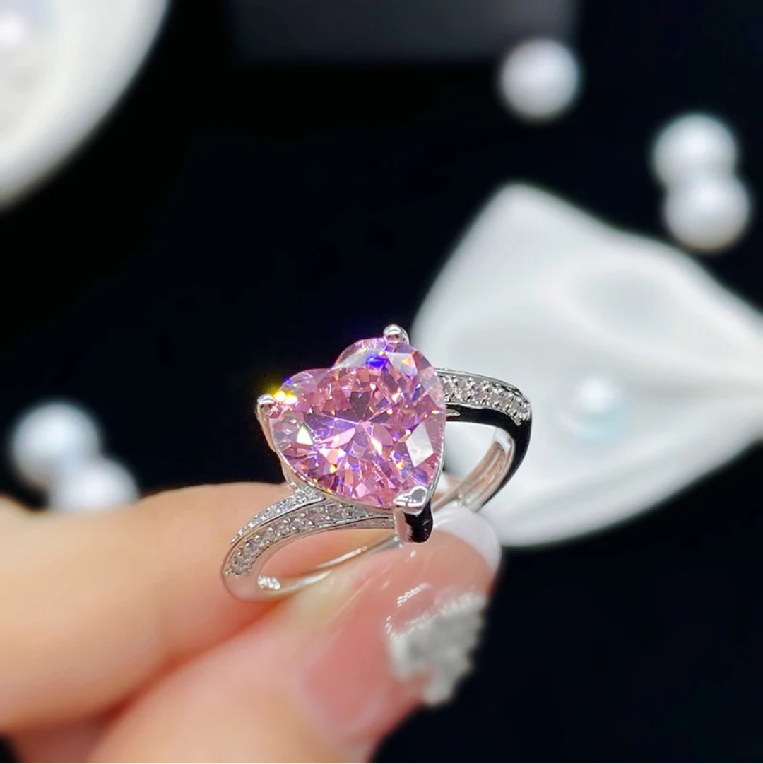 Silver Plated Anti Tarnish Heart Ring Adjustable / Pink image 2