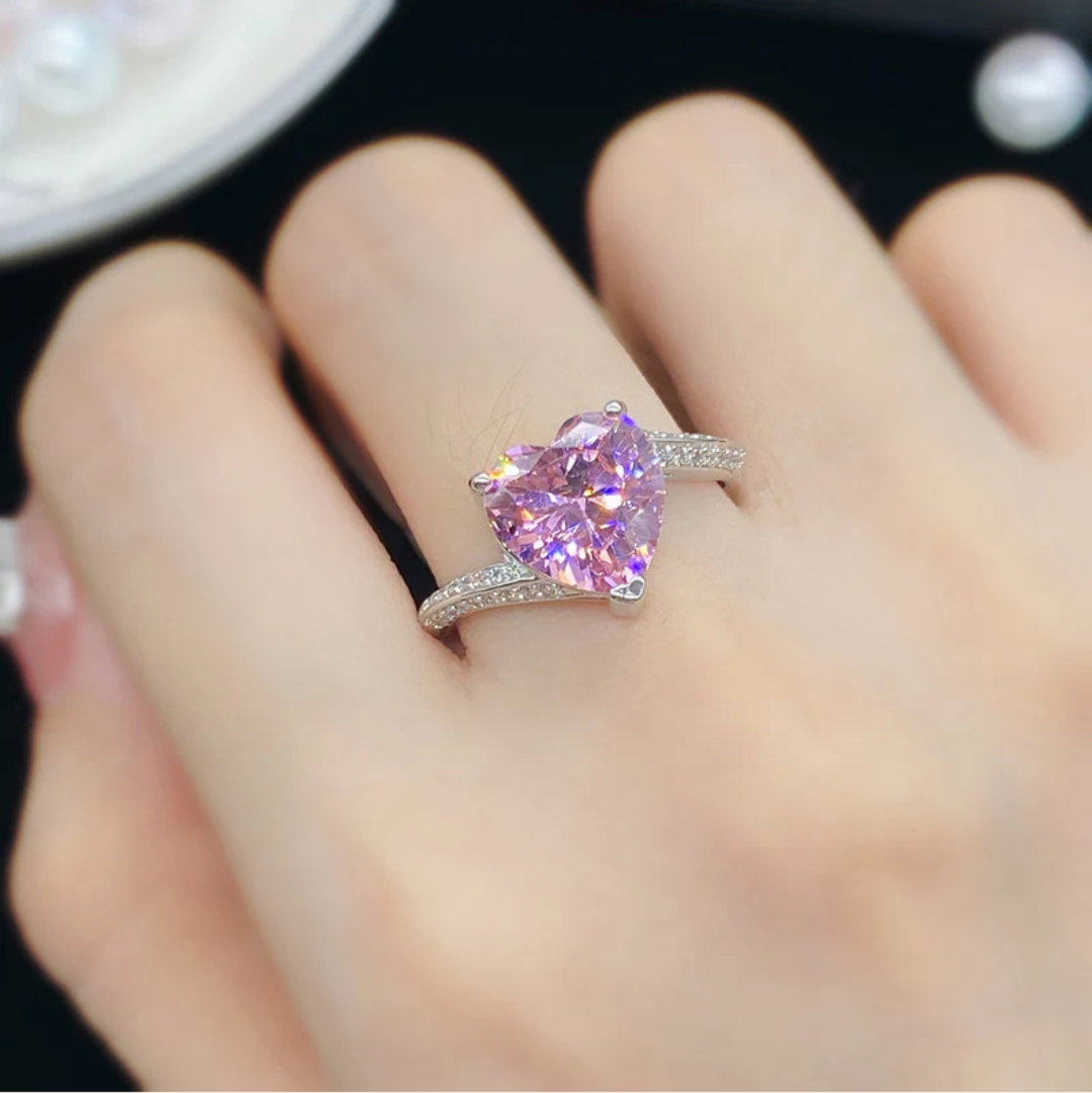 Silver Plated Anti Tarnish Heart Ring Adjustable / Pink image 3