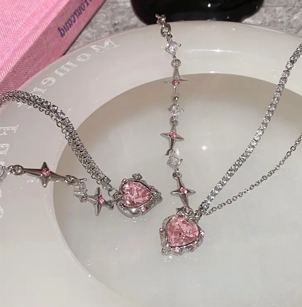 Pink Heart Crystal | SnakeChain Necklace | Limited in Stock image 2