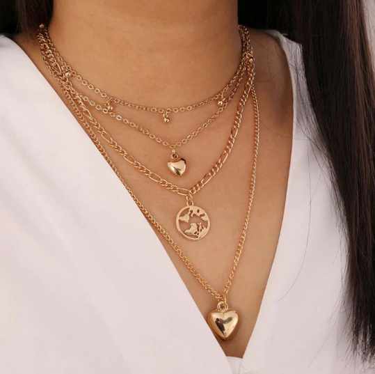 Heart Design Gold Plated Multi Layered Chain Necklace For Women