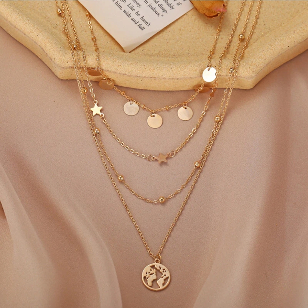 Gold Plated Globe inspired Layered Necklace For Women