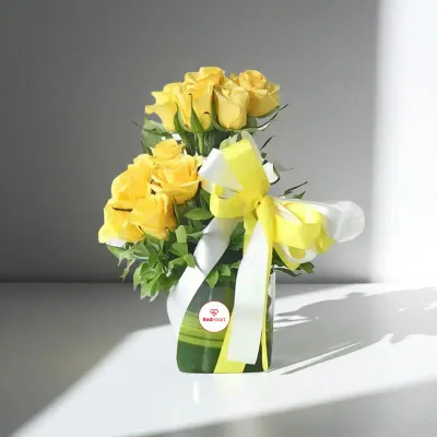 Sunny Embrace Yellow Rose Vase by RedHeart