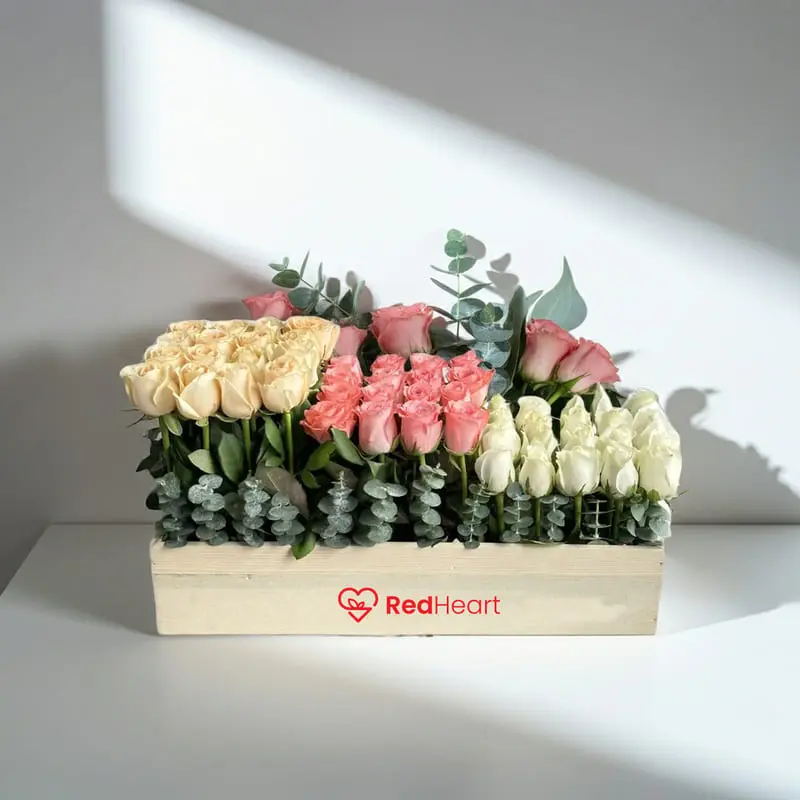 40 white, 32 baby pink and 16 peach roses