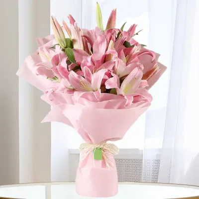 Blushing Petal Embrace - Pink Lily Bouquet by RedHeart