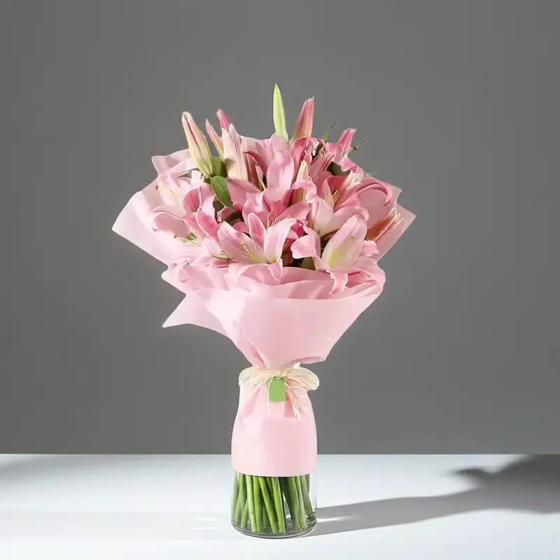 order Blushing Petal Embrace - Pink Lily Bouquet by Redheart