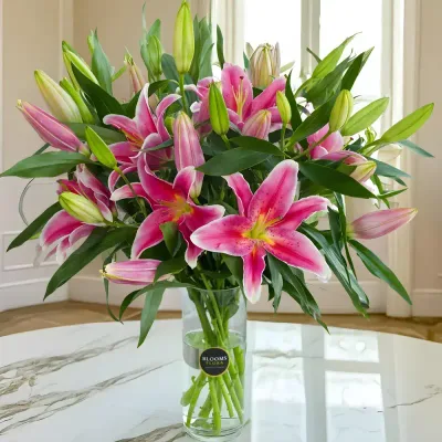 Rosy Dawn Elegance - Pink Lily Glass Vase by RedHeart