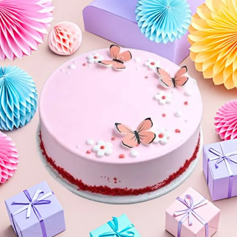 order Eggless Pink Butterfly Red Velvet Cream Cake by Redheart
