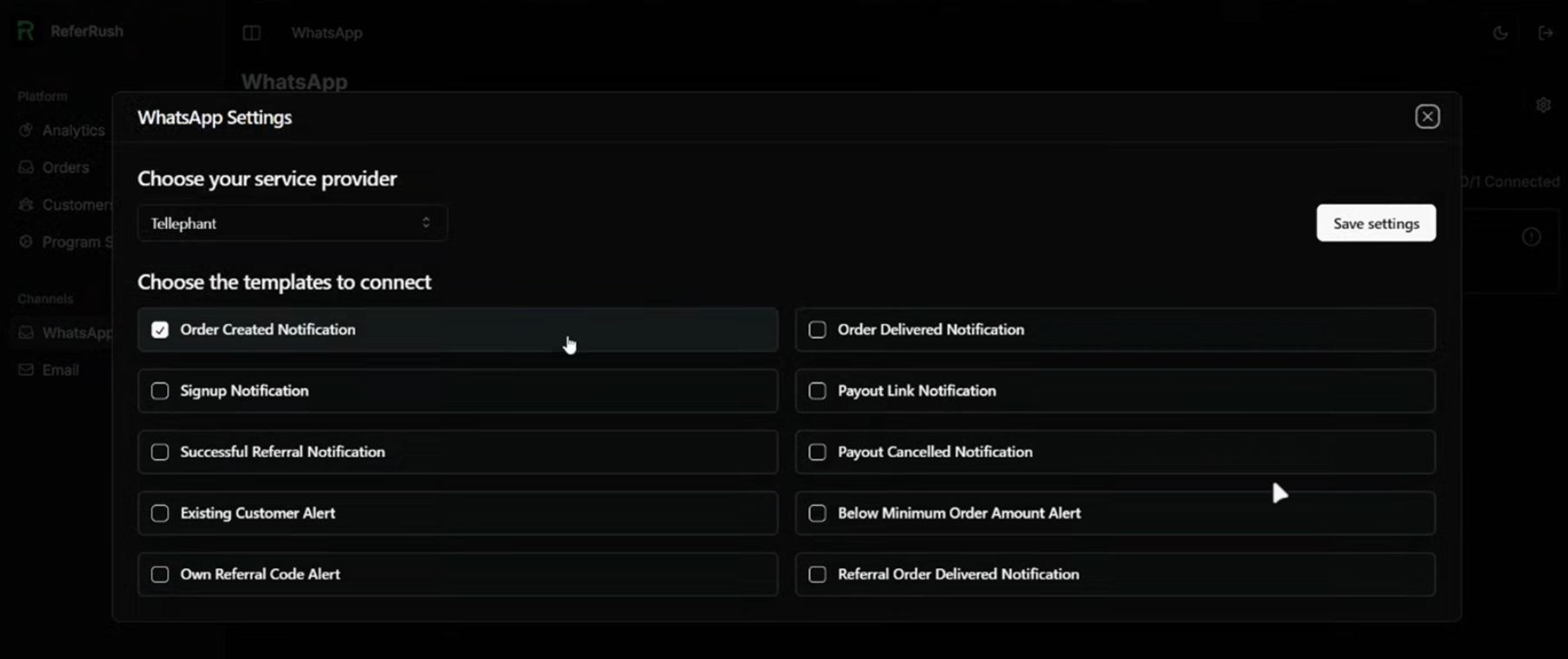 Selecting WhatsApp message types to enable