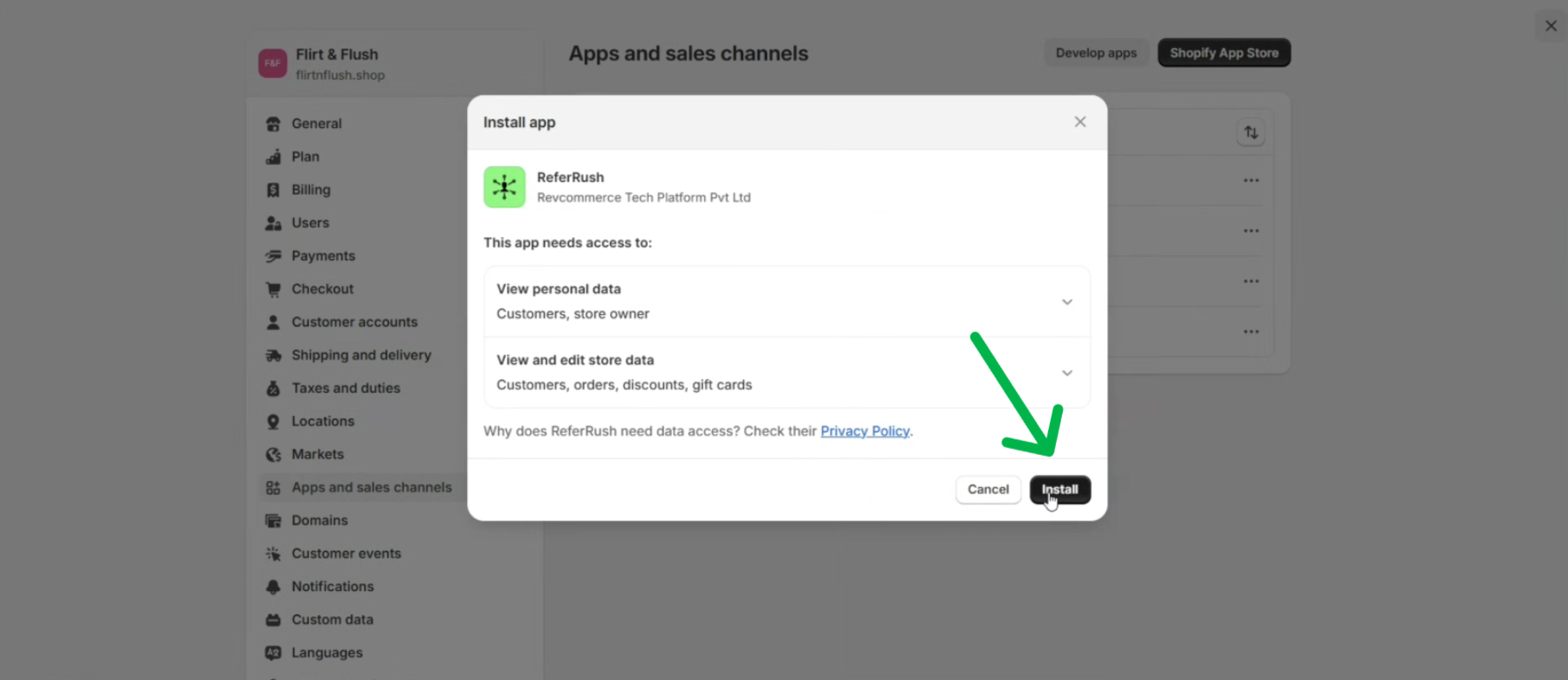 Shopify Admin Install Confirmation
