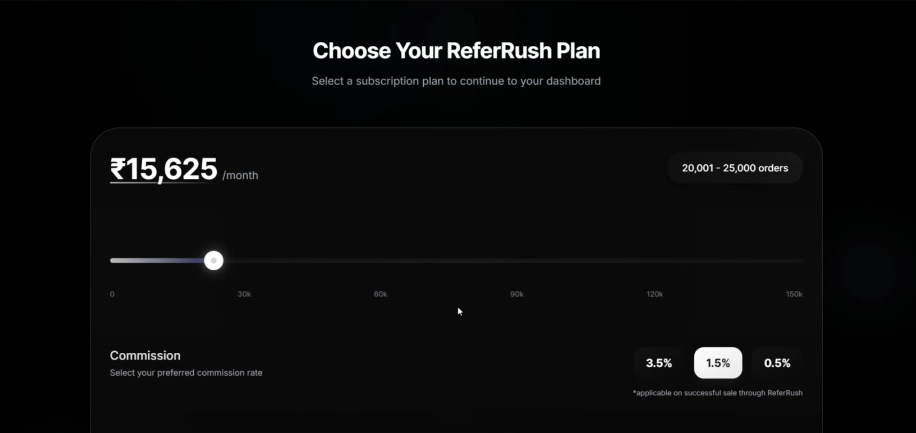 ReferRush Pricing Plan Selection Slider/Tiers