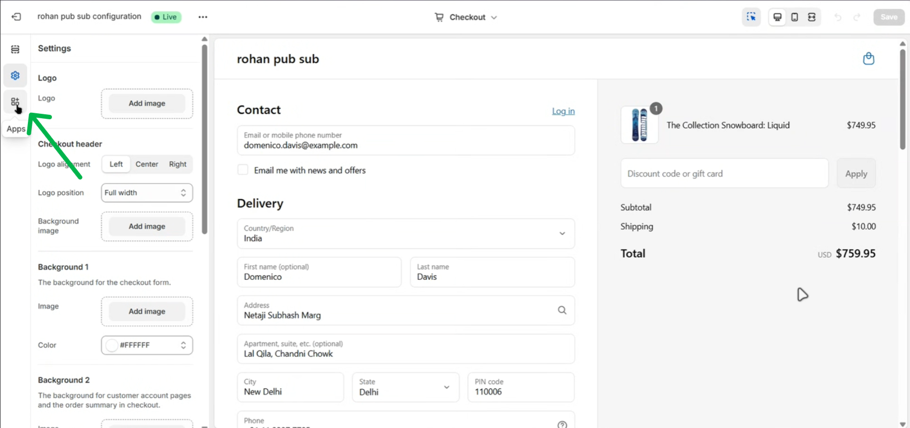 Apps Section in Checkout Settings