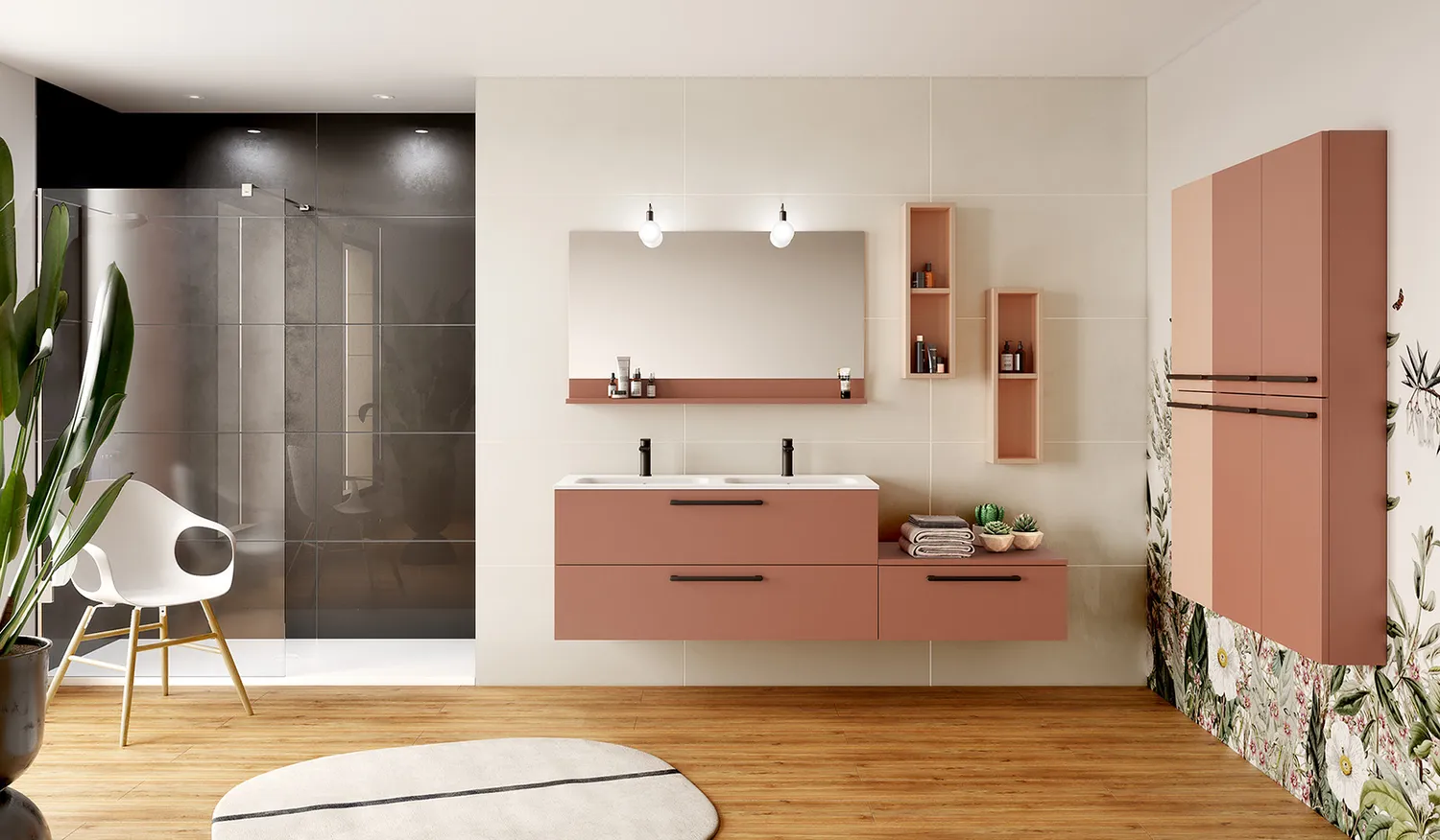 Aménagement de salle de bain moderne avec meubles sur mesure
