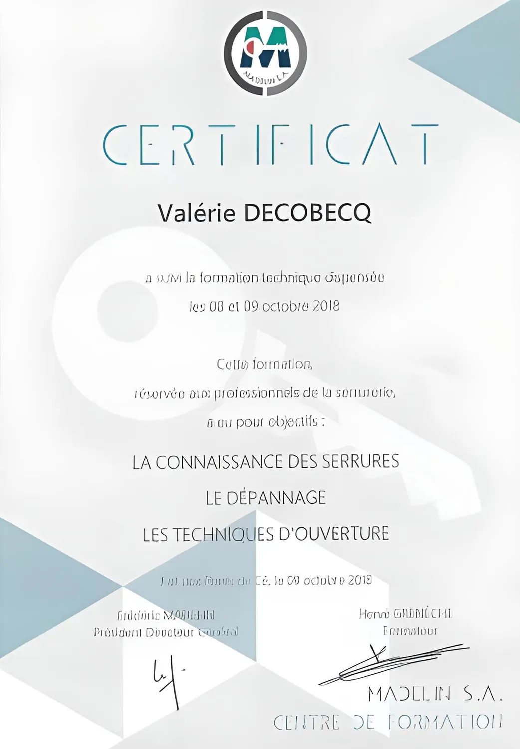 Diplôme ADVD Serrurerie 2