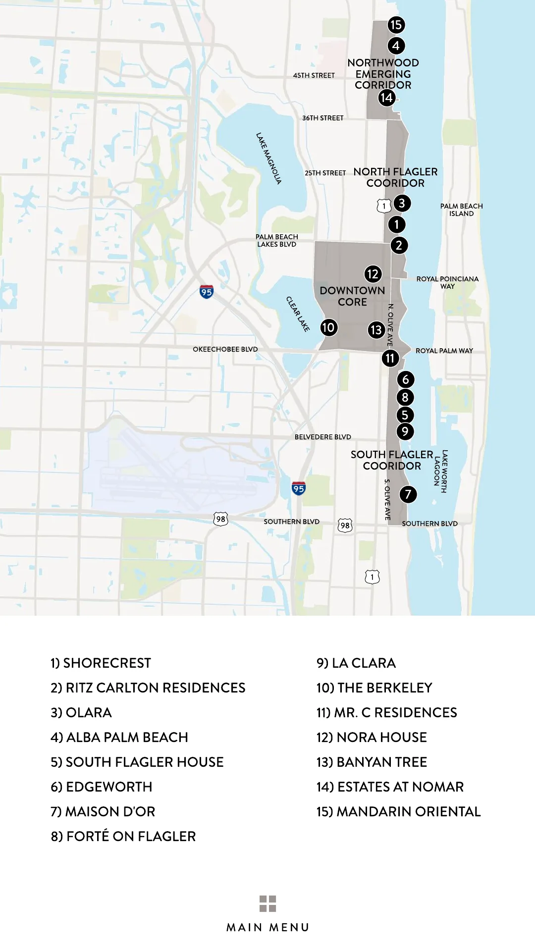 Map of the guide's four waterfront corridors