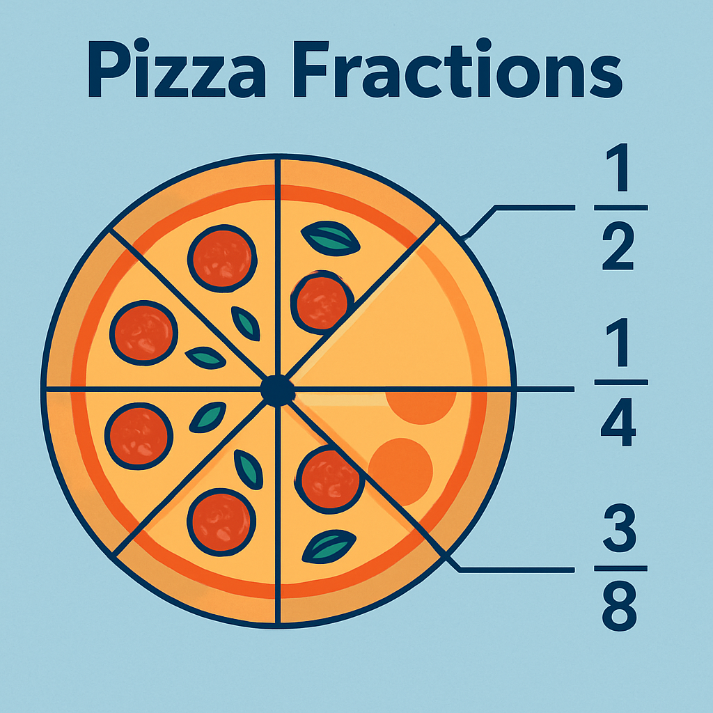 Illustration showing pizza divided into fractions