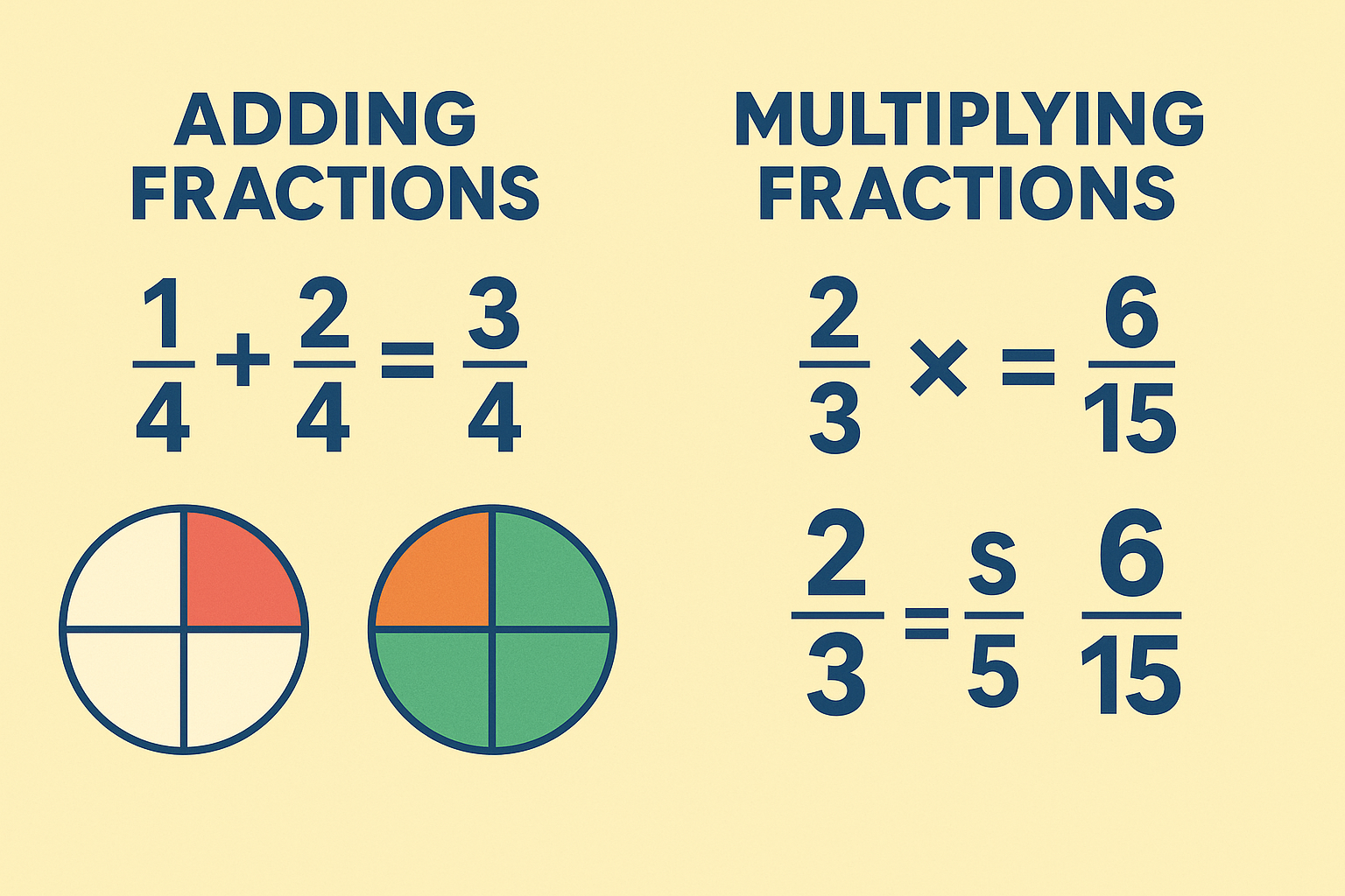 Visual diagram showing how to add and multiply fractions