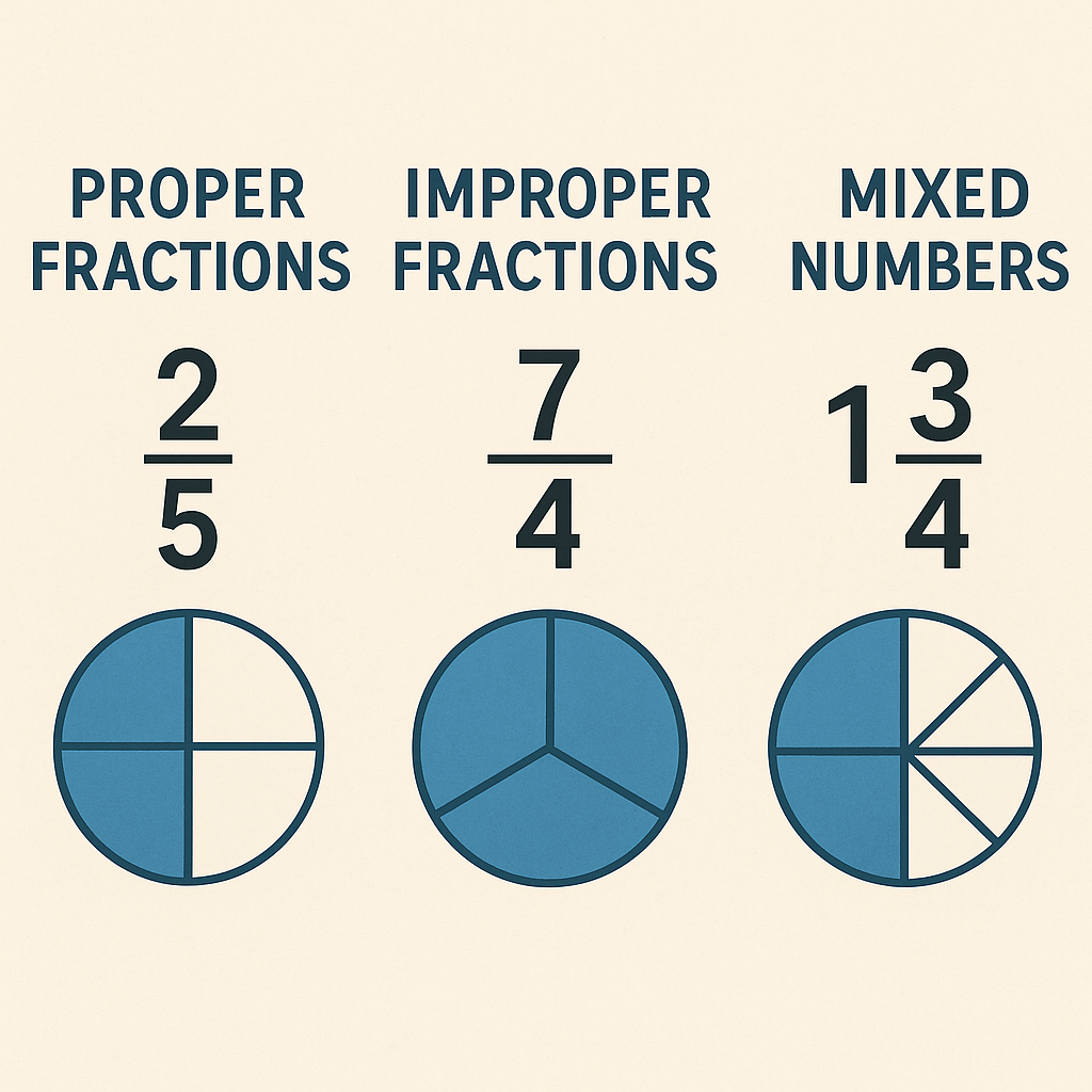 Diagram showing proper, improper and mixed fractions