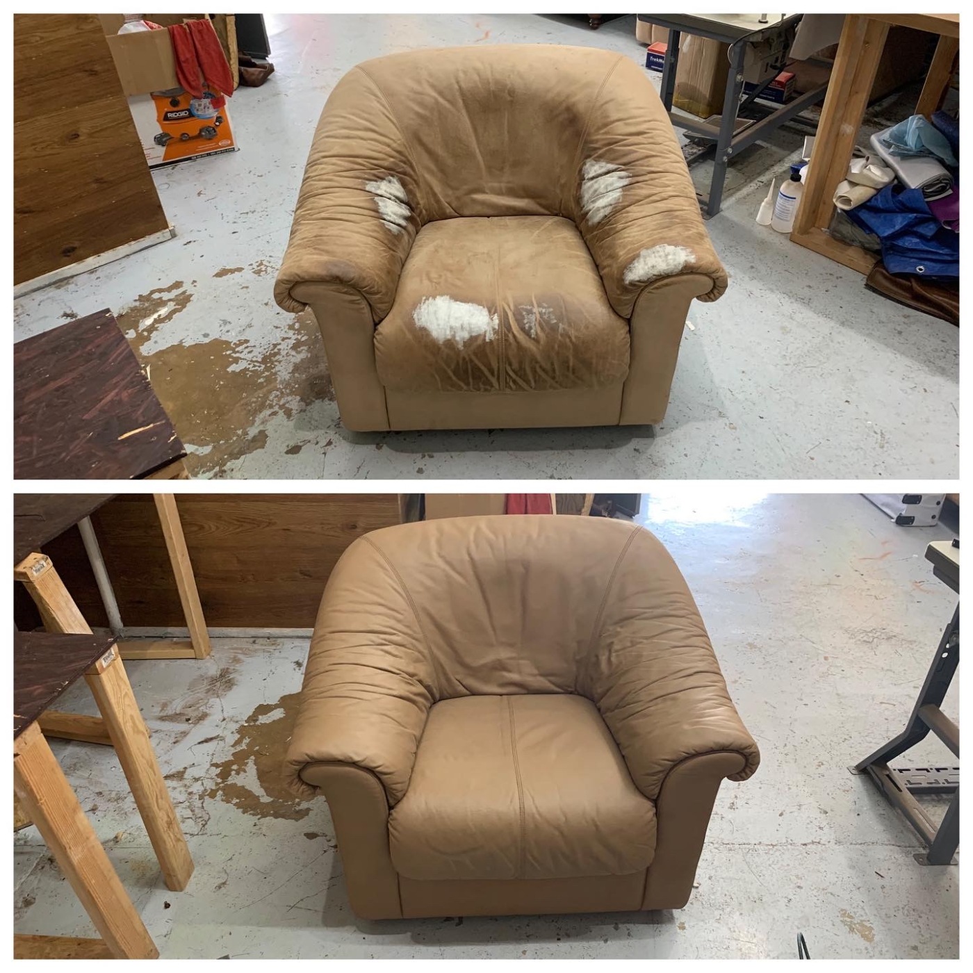 Restored leather chair with ottoman