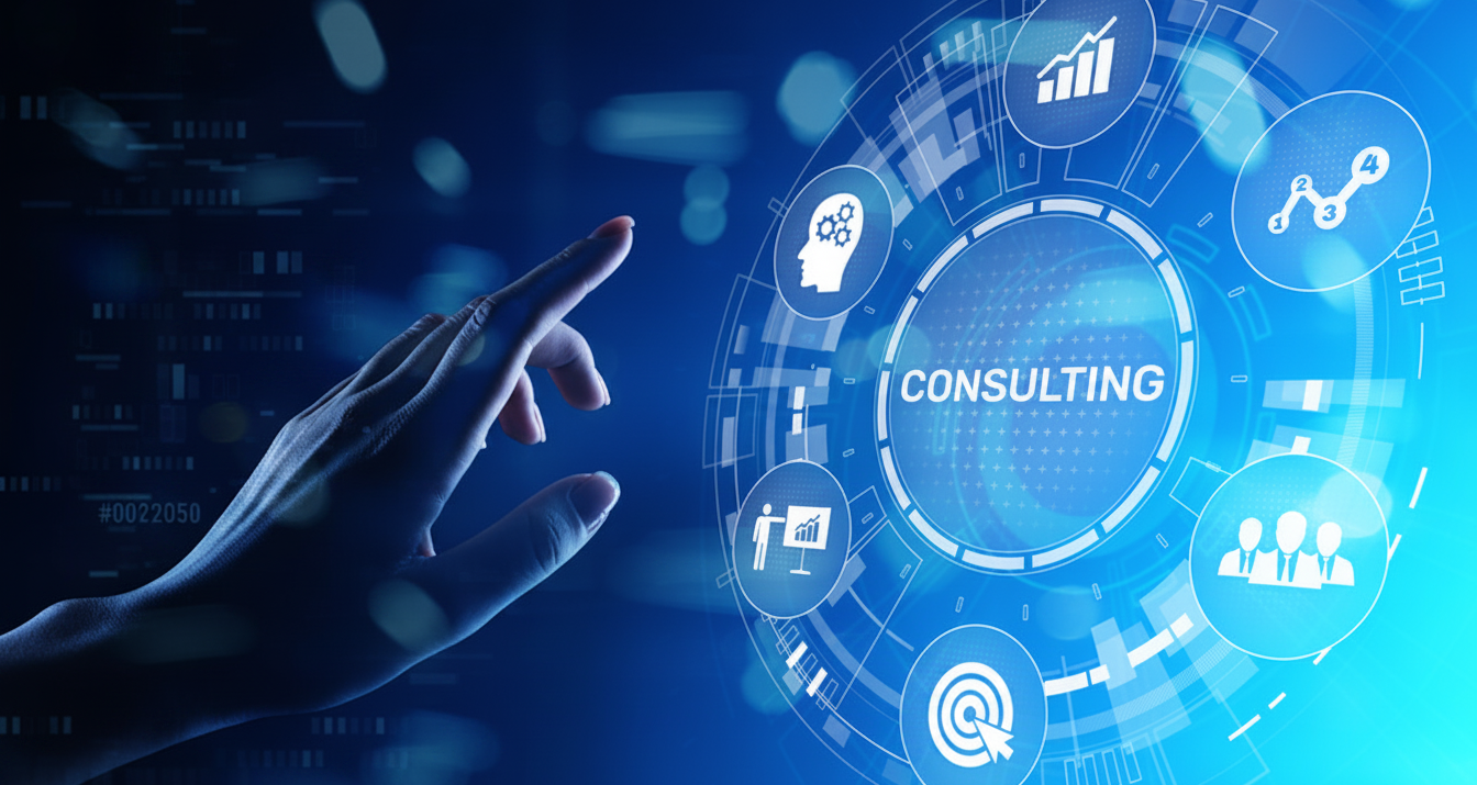 Digital consulting interface showing analytics, strategy and team icons