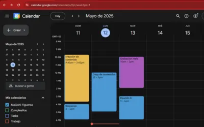 Imágen de google calendar para ilustrar el artículo donde se explica como organizarse para ser productiva trabajando desde casa