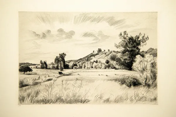 Paysage aux ruines sur la colline