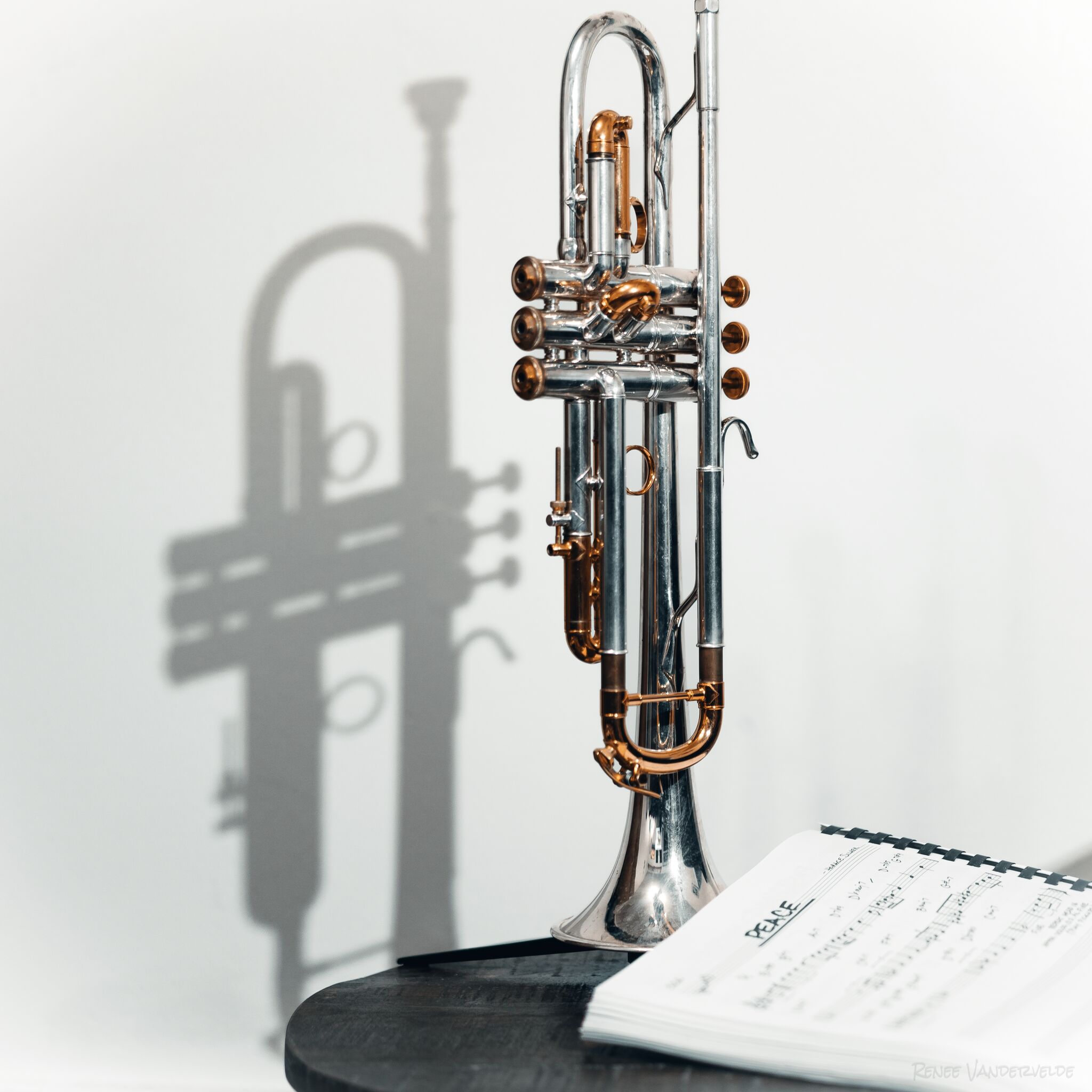 A trumpet stood on a table, with a music book open to the song titled 'peace'