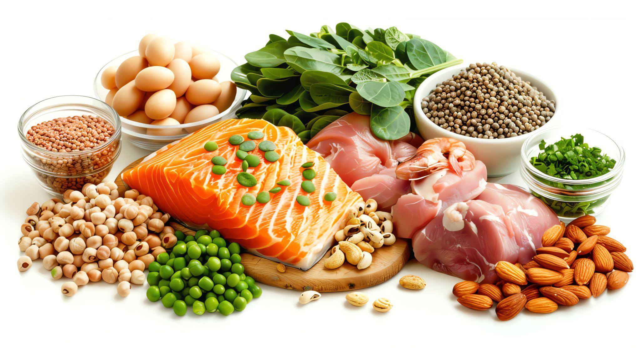 Foods like salmon, meat, nuts, almonds, green leaves, and eggs