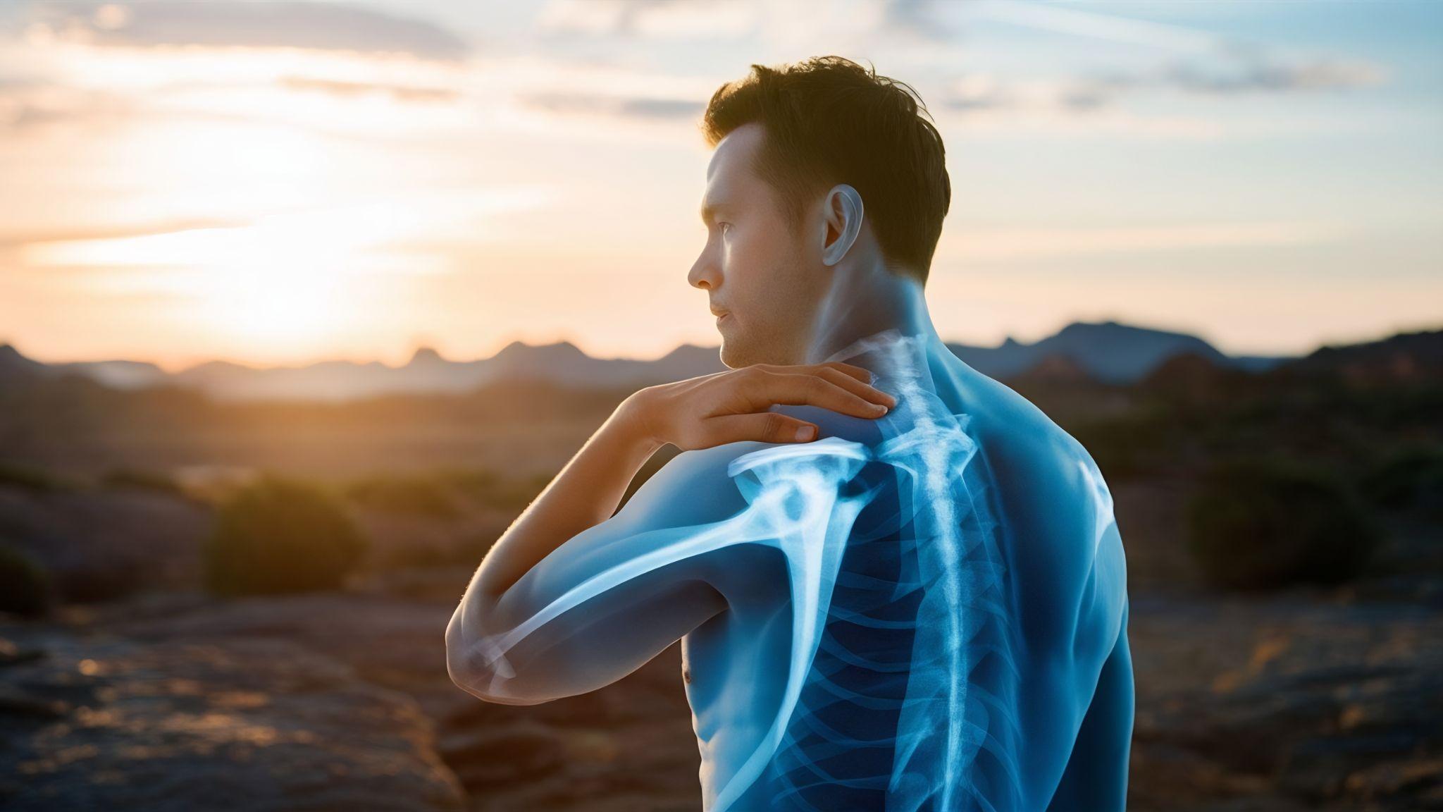 A man touching his shoulder, and there is a showcase of an X-ray of the shoulder.