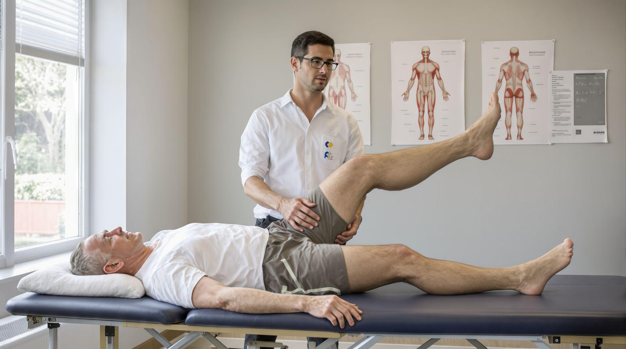 A physiotherapist assisting a senior with stretching of the leg in an upward direction.