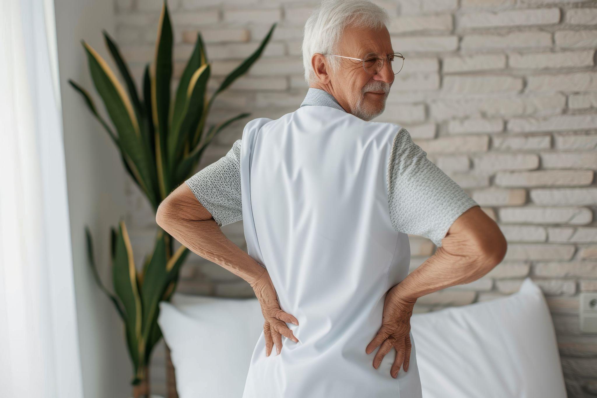 An older man doing some upper body rotation.