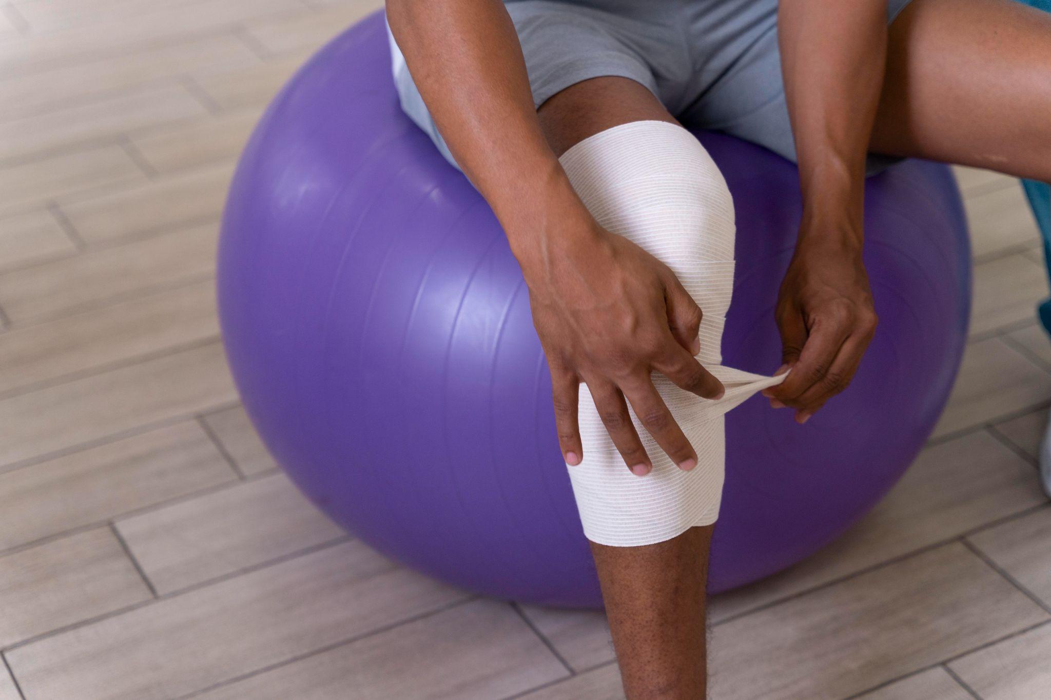 A man wrapping a bandage on his knee.