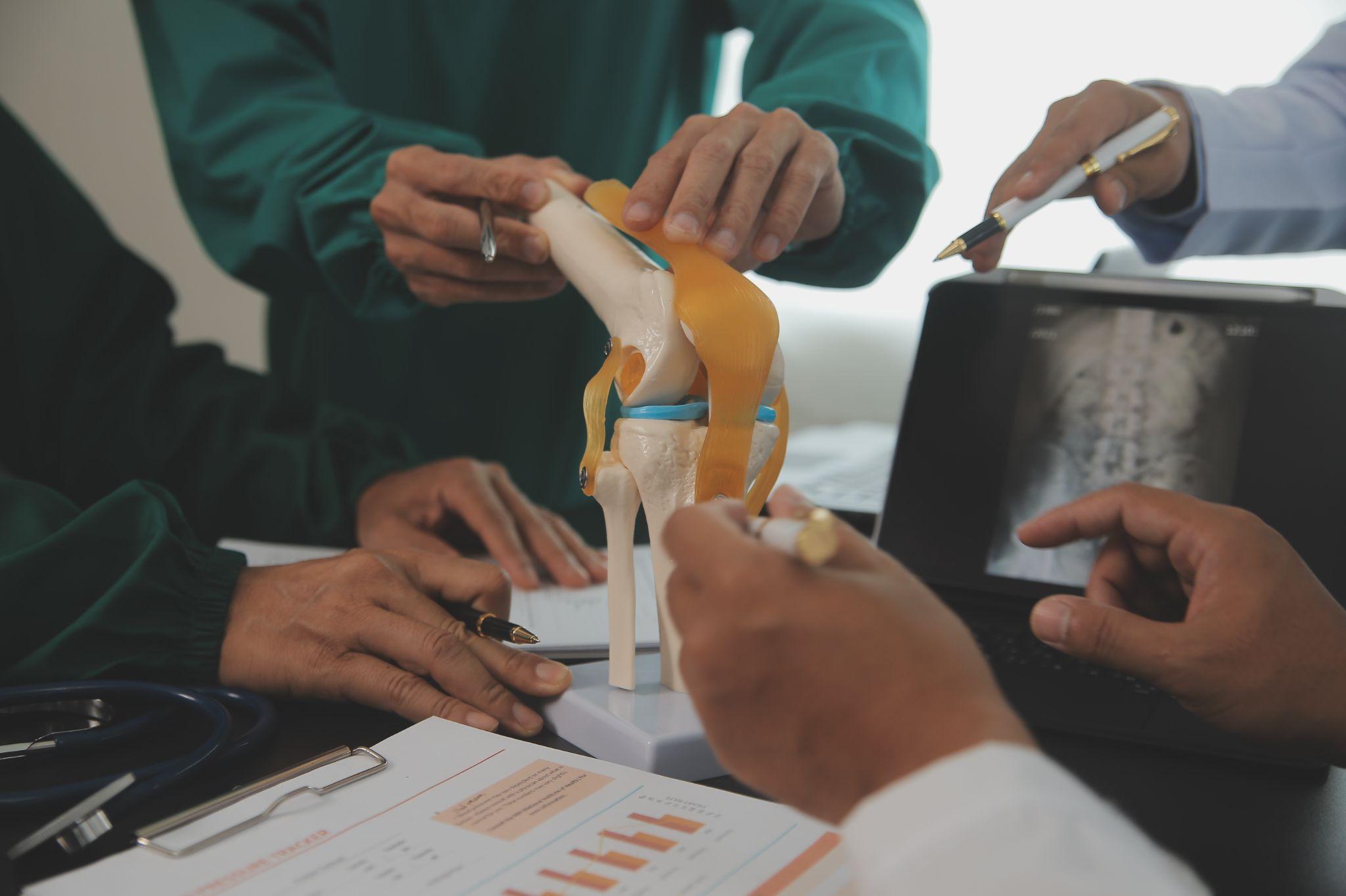 Doctors checking an experimental structure of the knee joint.