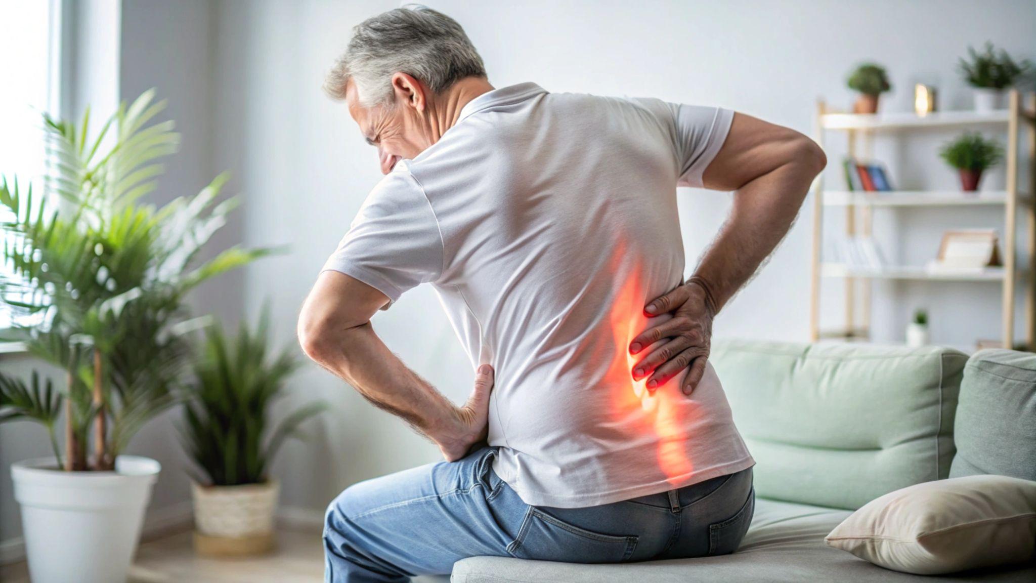 A middle-aged man sits on a couch, twisting slightly as he holds his lower back in pain. A glowing red highlight on his back visually emphasizes the area of discomfort, suggesting sciatica, lumbar strain, or nerve irritation. The room is bright with indoor plants and shelves in the background.