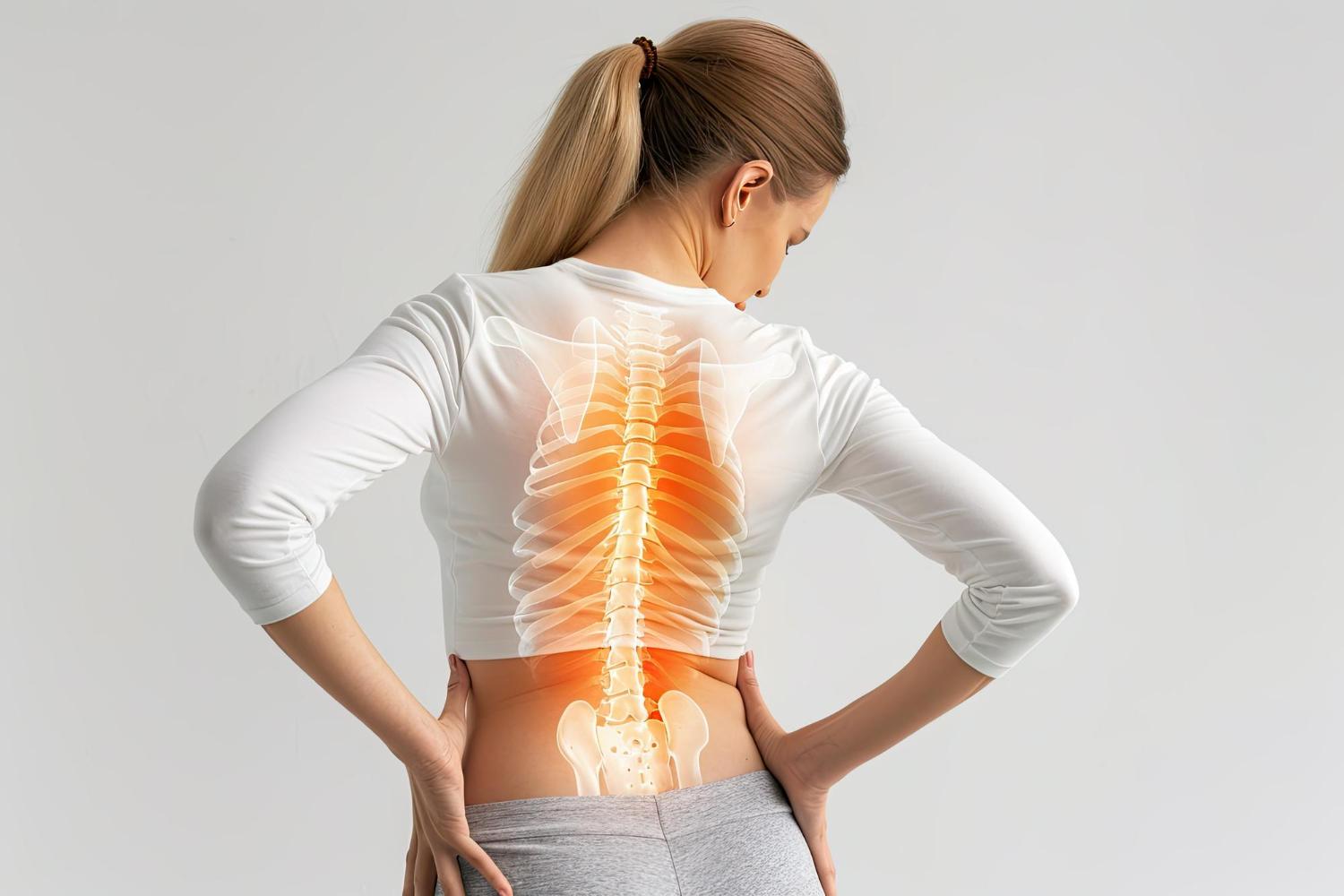 The image shows a woman holding her lower back with a highlighted spine, indicating pain or spinal discomfort. It visually represents back pain commonly associated with spinal conditions such as scoliosis or poor posture.