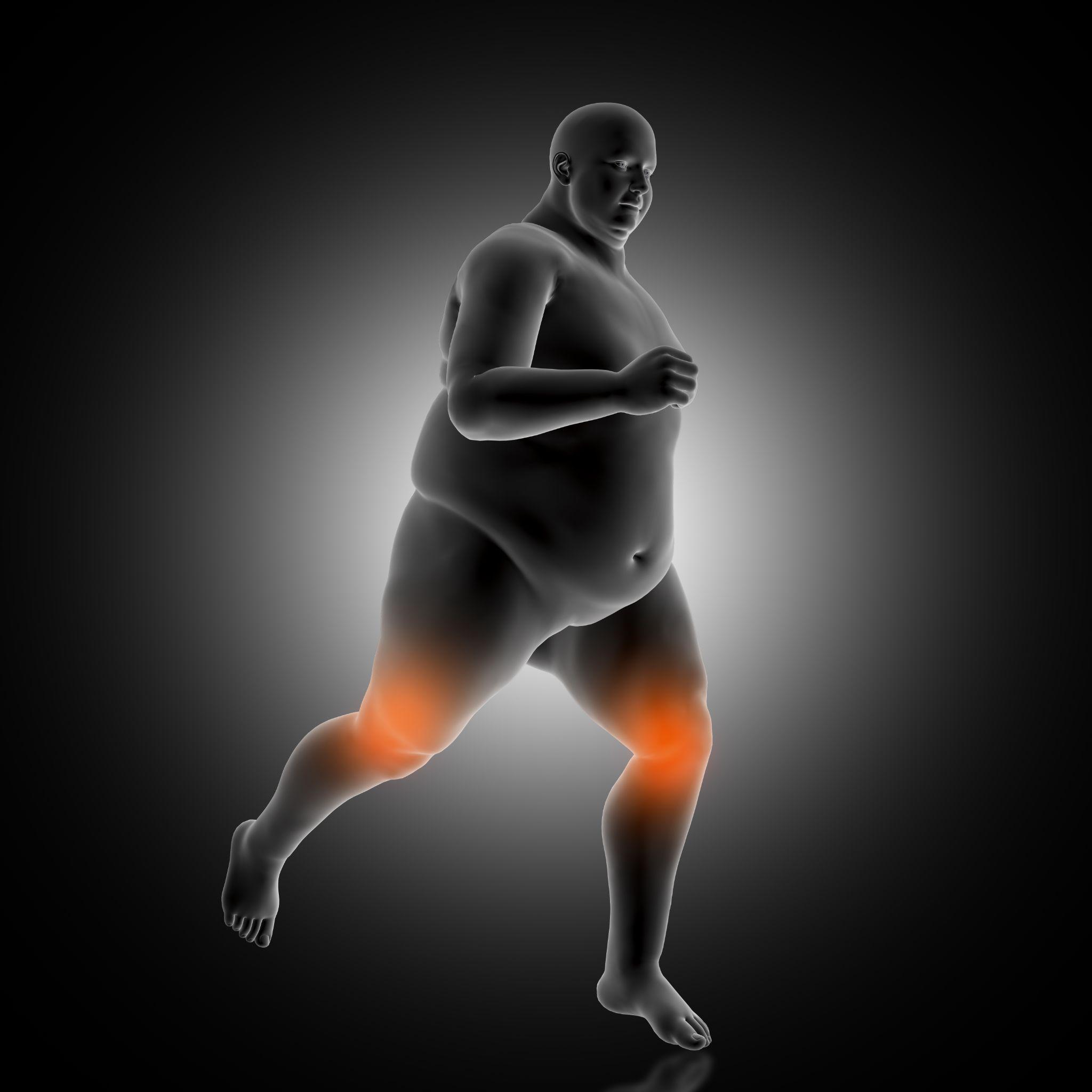 A 3D medical illustration showing excess body weight putting pressure on knee joints during movement, increasing arthritis risk.