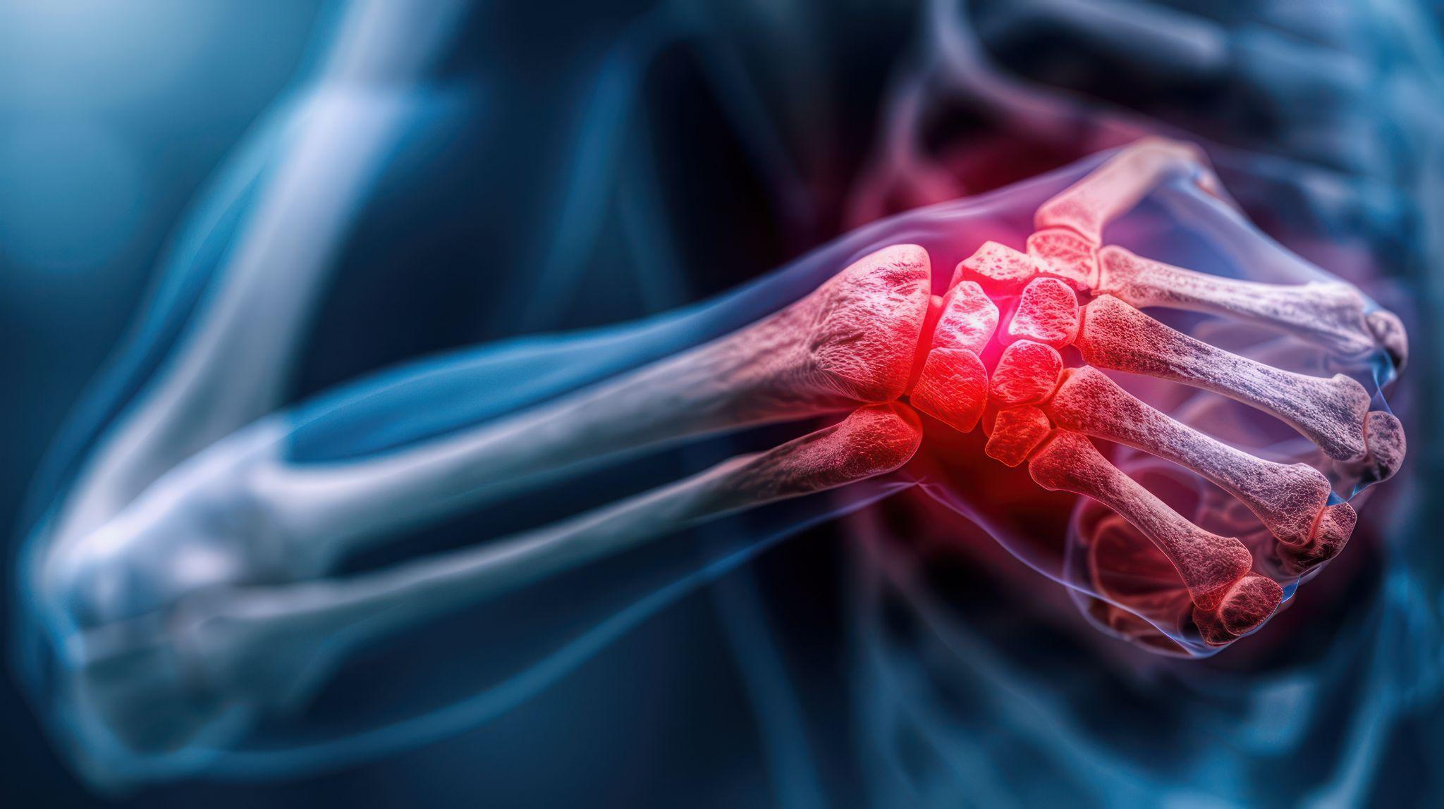 A detailed radiographic image of the elbow joint highlighting inflammation and bone stress areas.