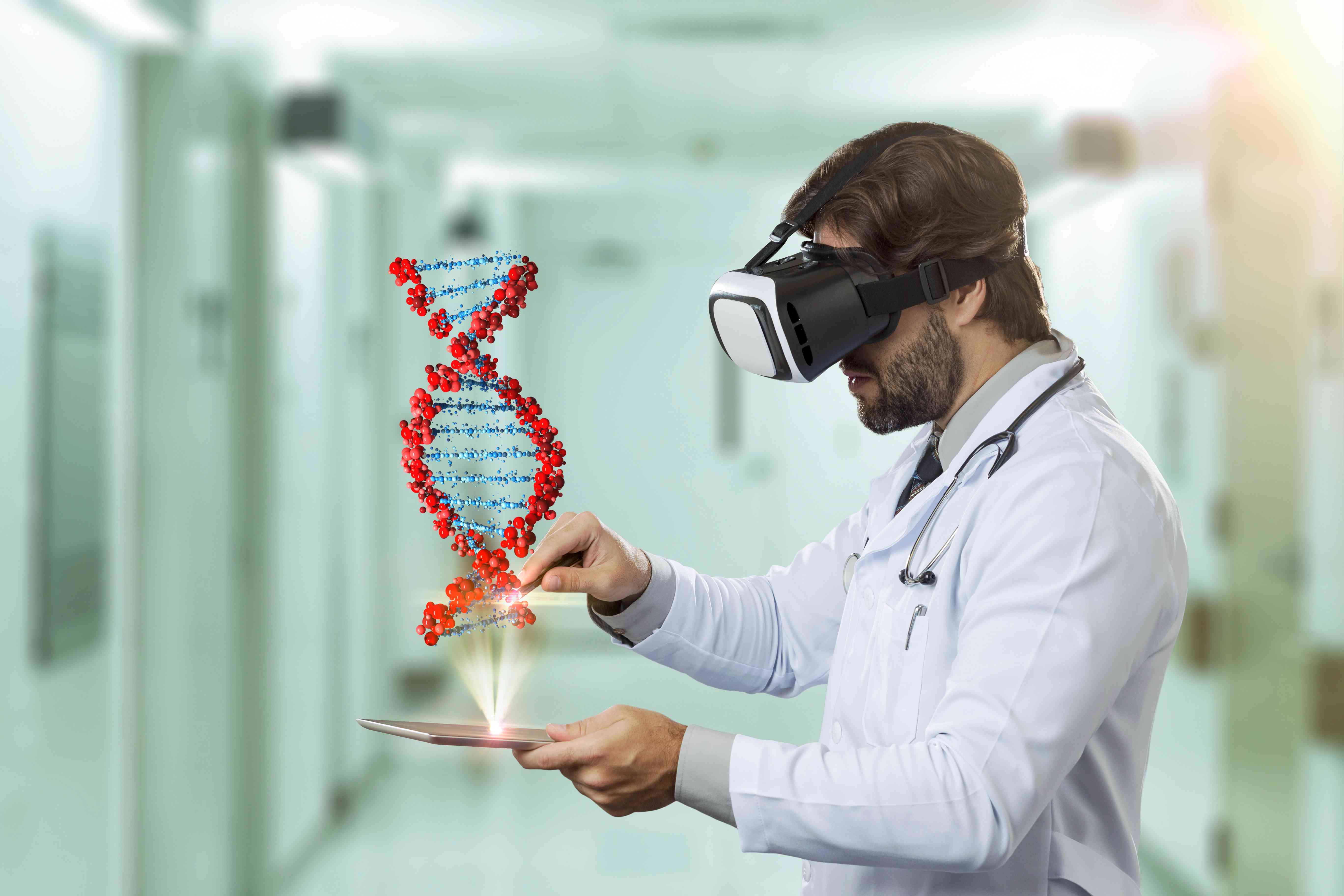 Doctor using virtual reality headset to interact with a 3D hologram of a DNA structure.