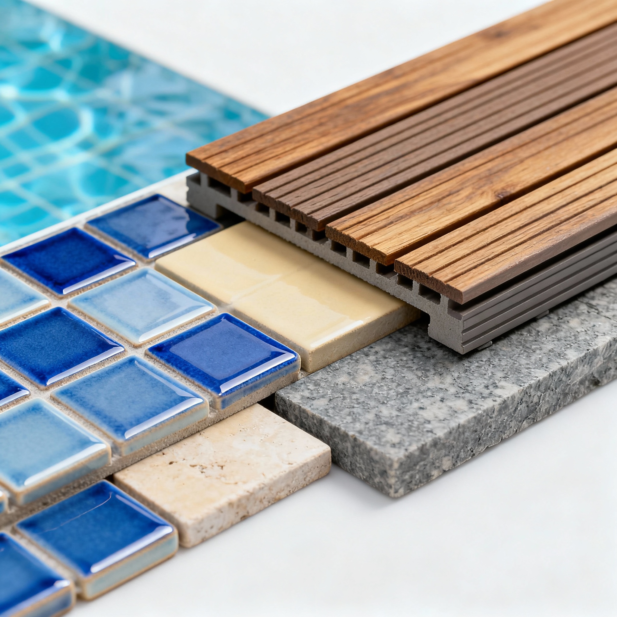 A close-up of pool materials including tile and decking options.