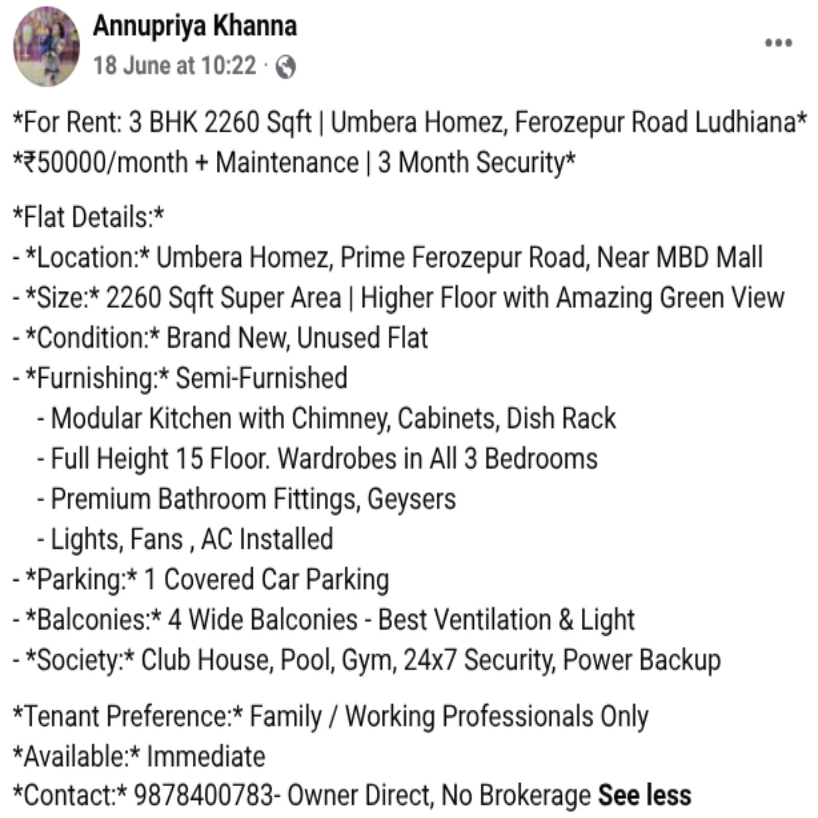 *For Rent: 3 BHK 2260 Sqft | Umbera Homez, Ferozepur Road Ludhiana* — photo 1
