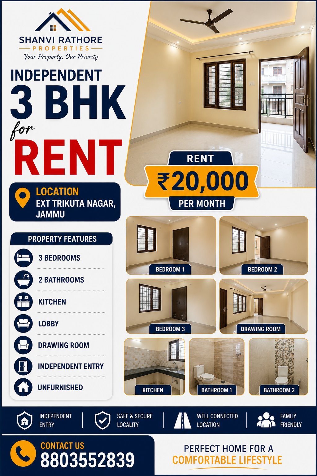 3 bhk for Rent in ext Trikuta Nagar jammu