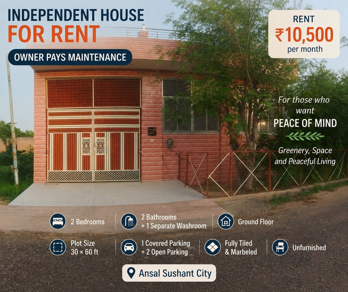2 BHK Independent House ₹10.5K | Owner Pays Maintenance | Ansal Sushant City