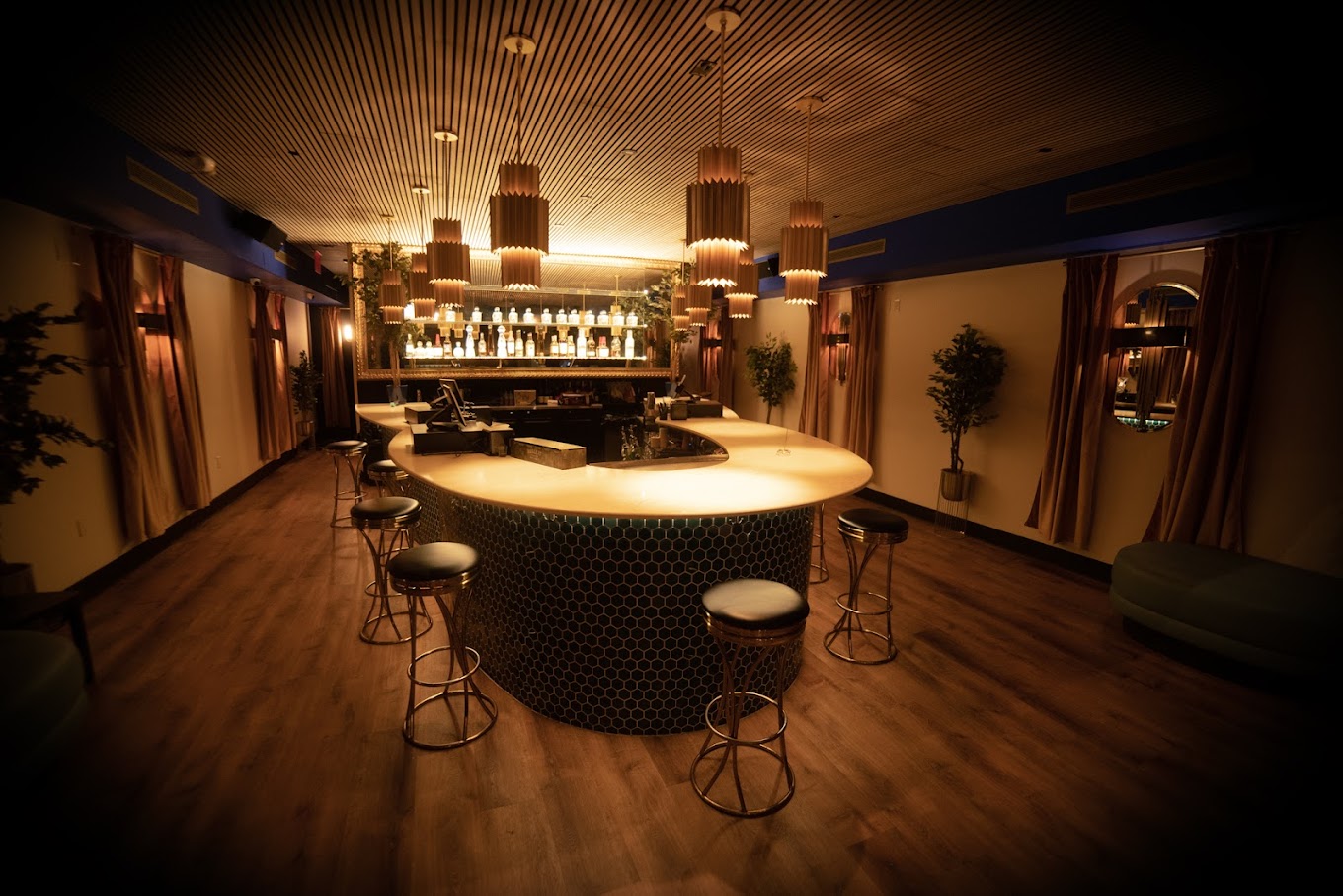 beautiful bar seating with orange hue lighting