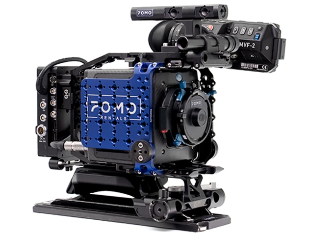 ARRI cinema camera with FOMO Rentals custom blue side plate and MVF-2 viewfinder