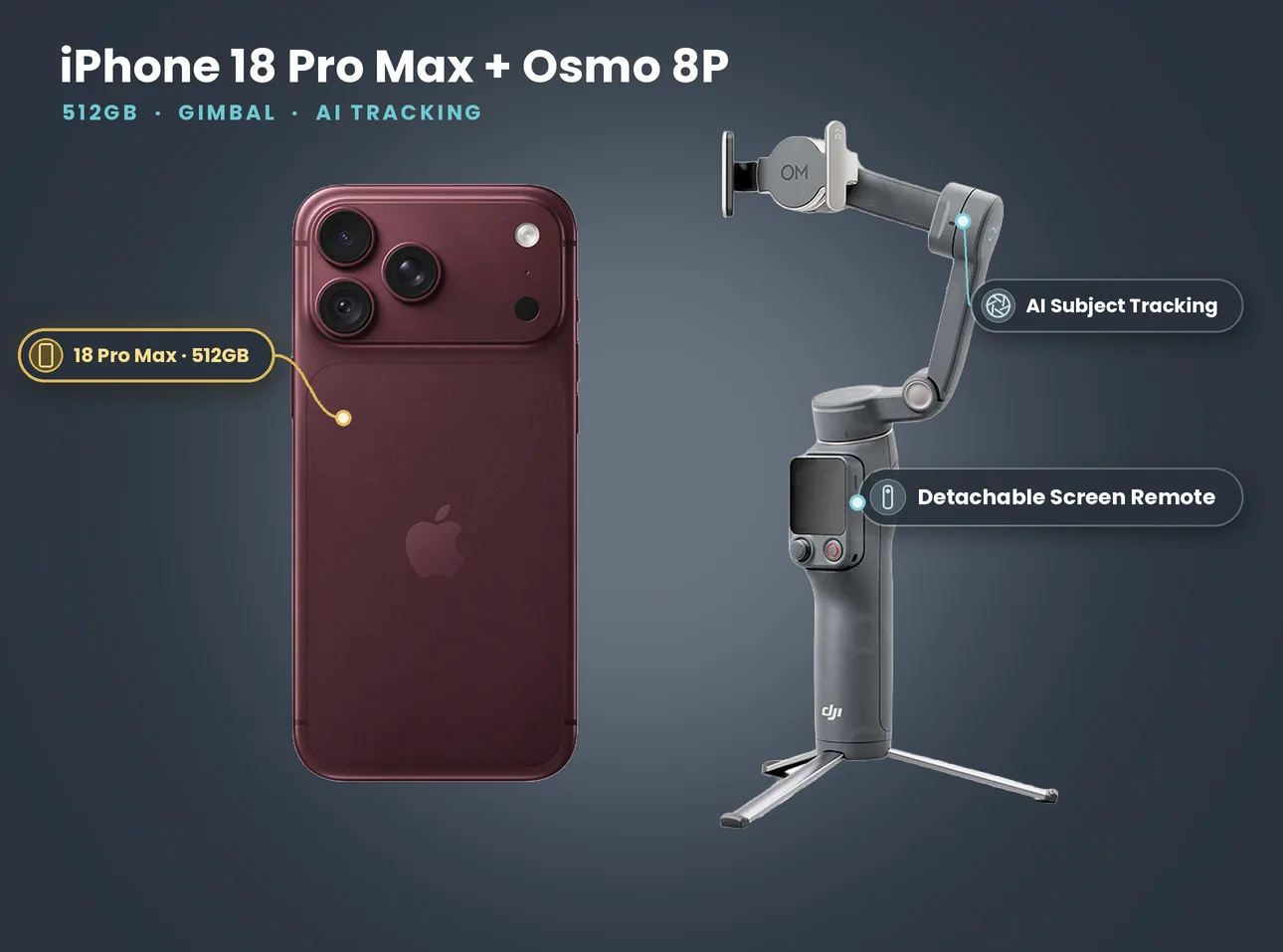 iPhone 18 Pro Max on a DJI Gimbal Osmo 8P with the FrameTap screen remote detached beside it
