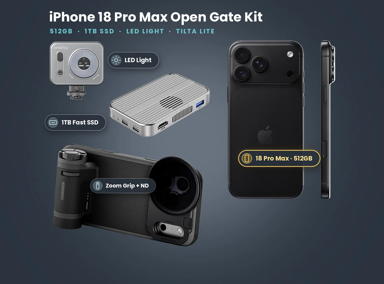 iPhone 18 Pro Max Open Gate Kit with Tilta Khronos Lite case and zoom grip, 1TB SSD and an LED light laid out together