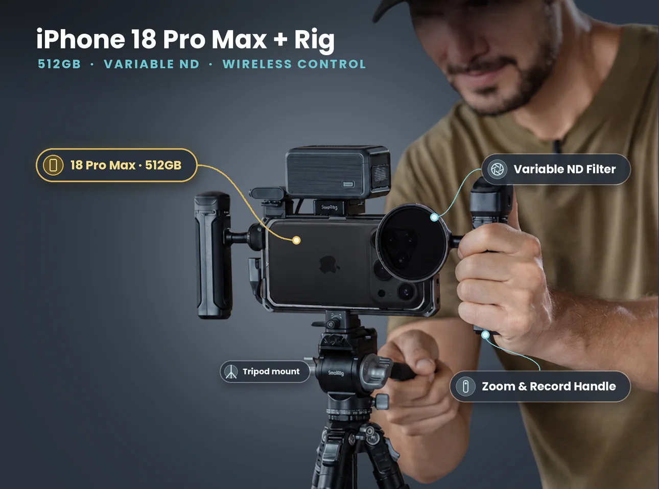 Filmmaker holding an iPhone 18 Pro Max rig with two handles and a variable ND filter, mounted on a tripod with a fluid head