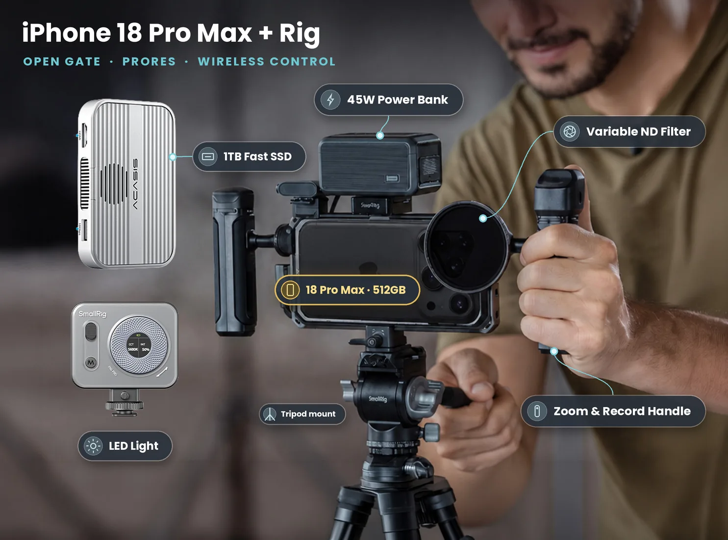 iPhone 18 Pro Max in a SmallRig cage with dual handles, variable ND filter, LED light, power bank and 1TB SSD on a tripod