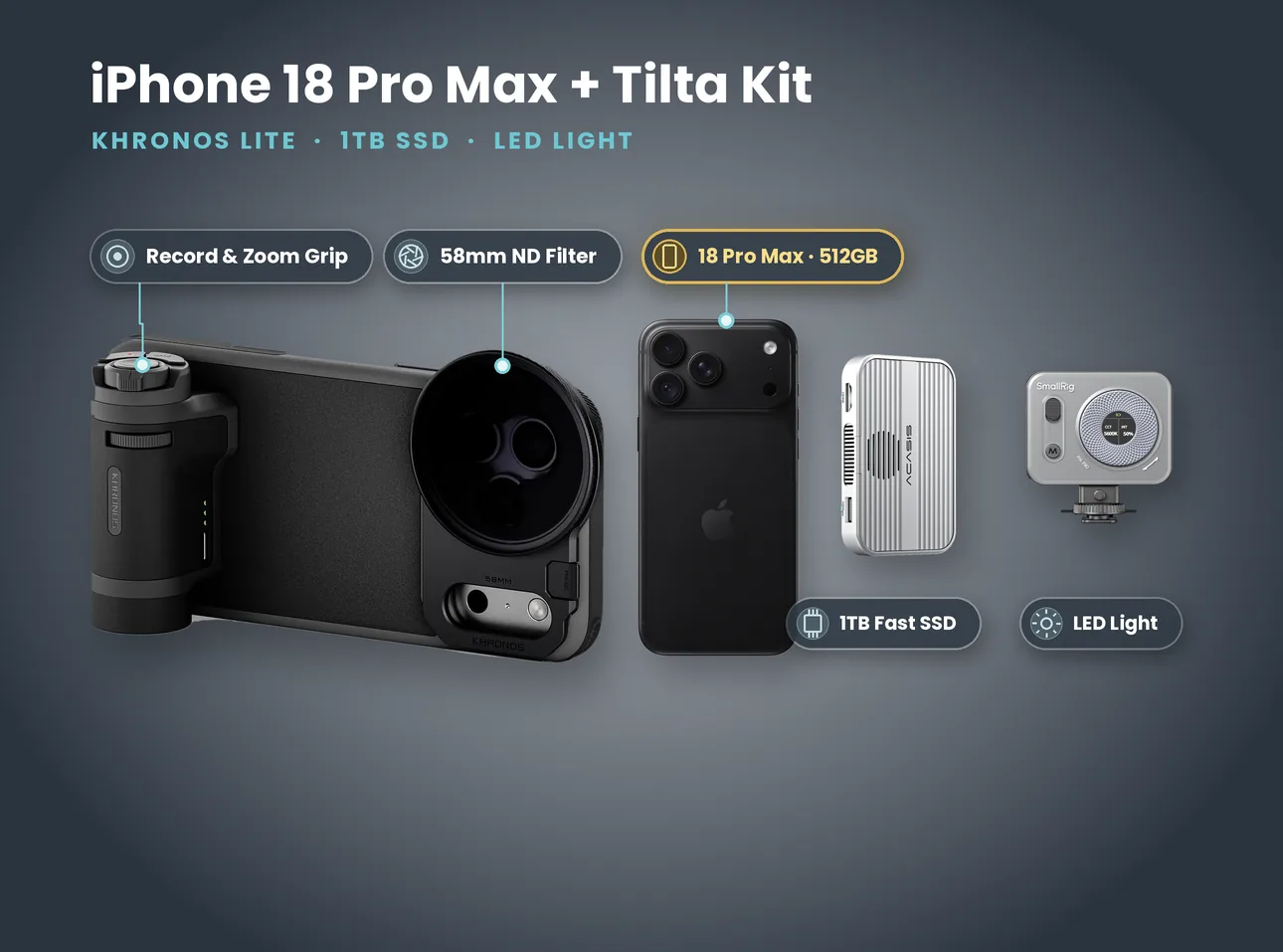 Tilta Khronos kit for iPhone 18 Pro Max with record and zoom grip, 58mm ND filter, 1TB SSD and LED light
